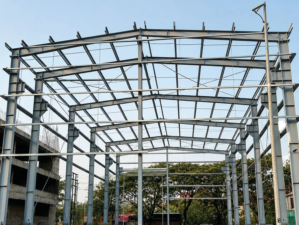 Structural steel frame of an industrial shed during erection
